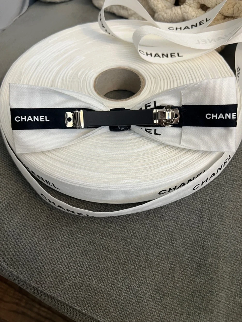 CHANEL White Ribbon with Black Logo 3 Yards